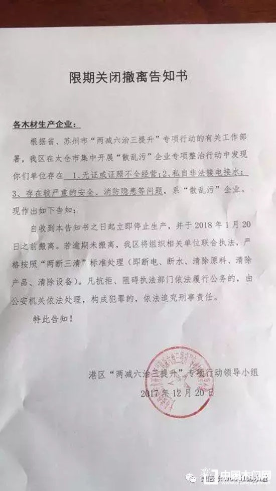 木材企業(yè)限期關閉撤離告知書