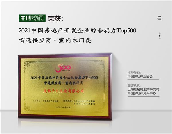 千川木門獲“2021年中國房地產(chǎn)開發(fā)企業(yè)500強(qiáng)首選供應(yīng)商·室內(nèi)木門類”Top2