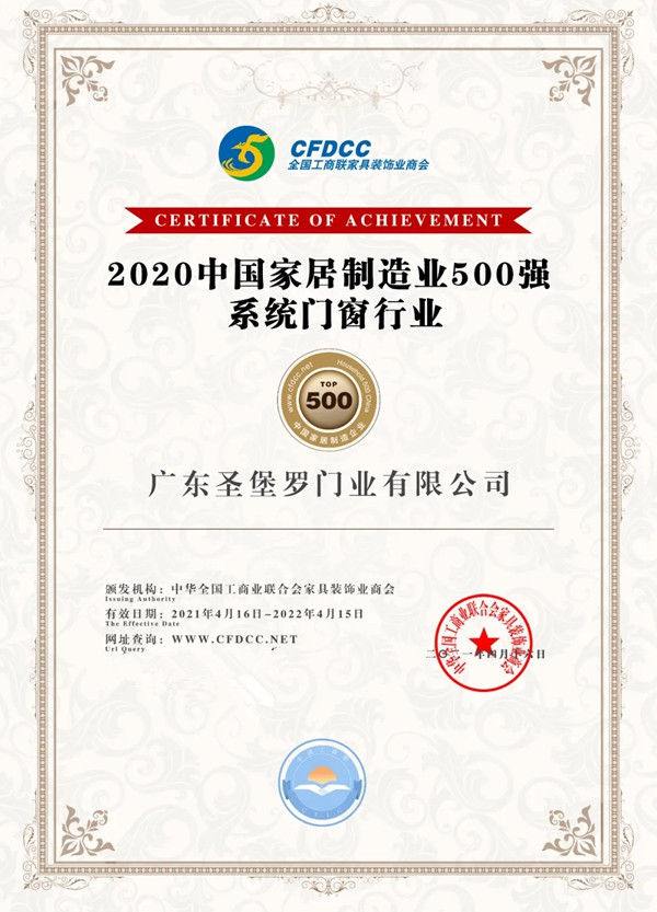 圣堡羅整體門窗榮獲2020中國家居制造業500強企業-系統門窗行業TOP30！