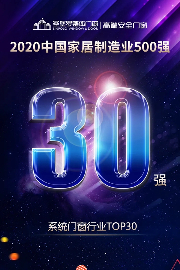 圣堡羅整體門窗榮獲2020中國家居制造業500強企業-系統門窗行業TOP30！