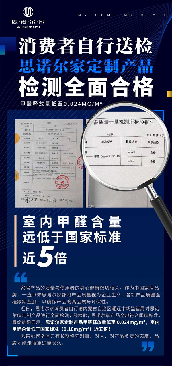 消費(fèi)者自行送檢——思諾爾家全屋定制抽檢全面合格