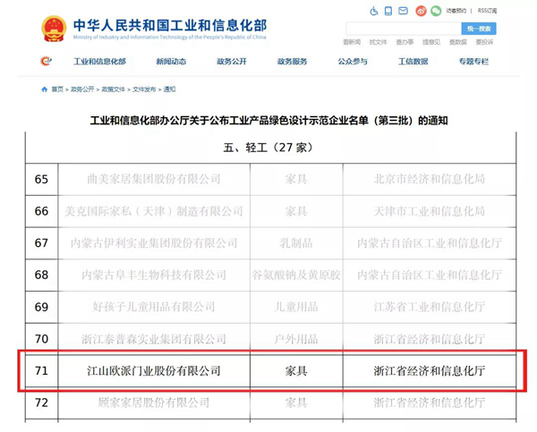 以環保產品踐行綠色發展 | 江山歐派入選國家級工業產品綠色設計示范企業