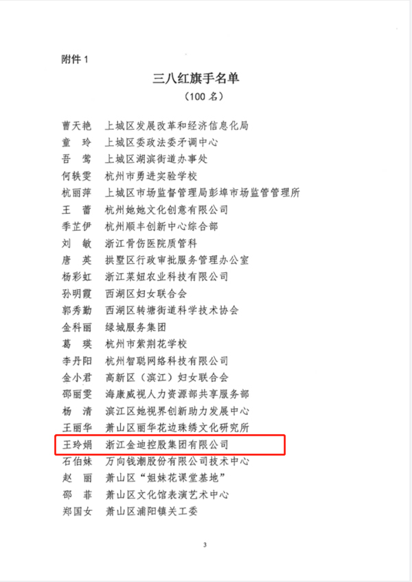 喜報！金迪集團總裁王玲娟榮獲“杭州市三八紅旗手”