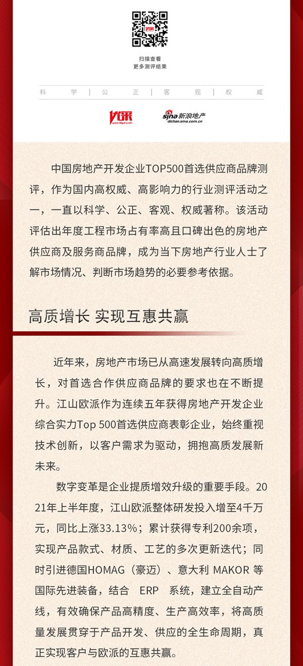 五年蟬聯！江山歐派獲評“2022中國房地產開發企業500強首選供應商”
