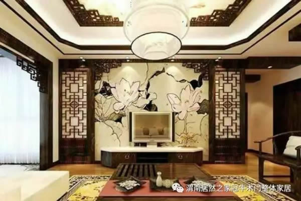 冠牛木門 | 新中式電視背景墻，古典雅致