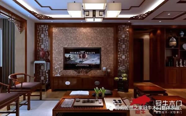 冠牛木門 | 新中式電視背景墻，古典雅致